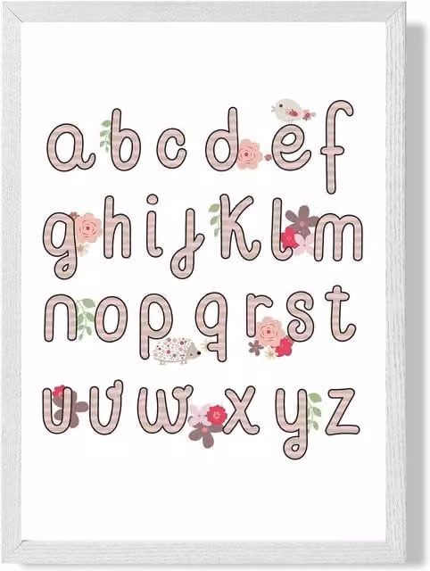 ARTZE Cute Alphabet with Pink Flowers Framed Print, White Frame, A2