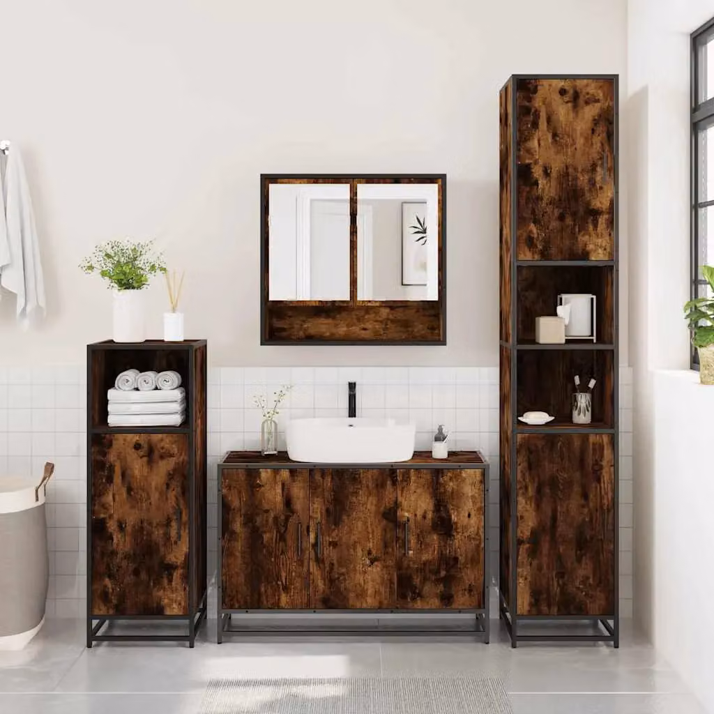 Berkfield Home 3 Piece Industrial Bathroom Furniture Set in Smoked Oak Brown – 3