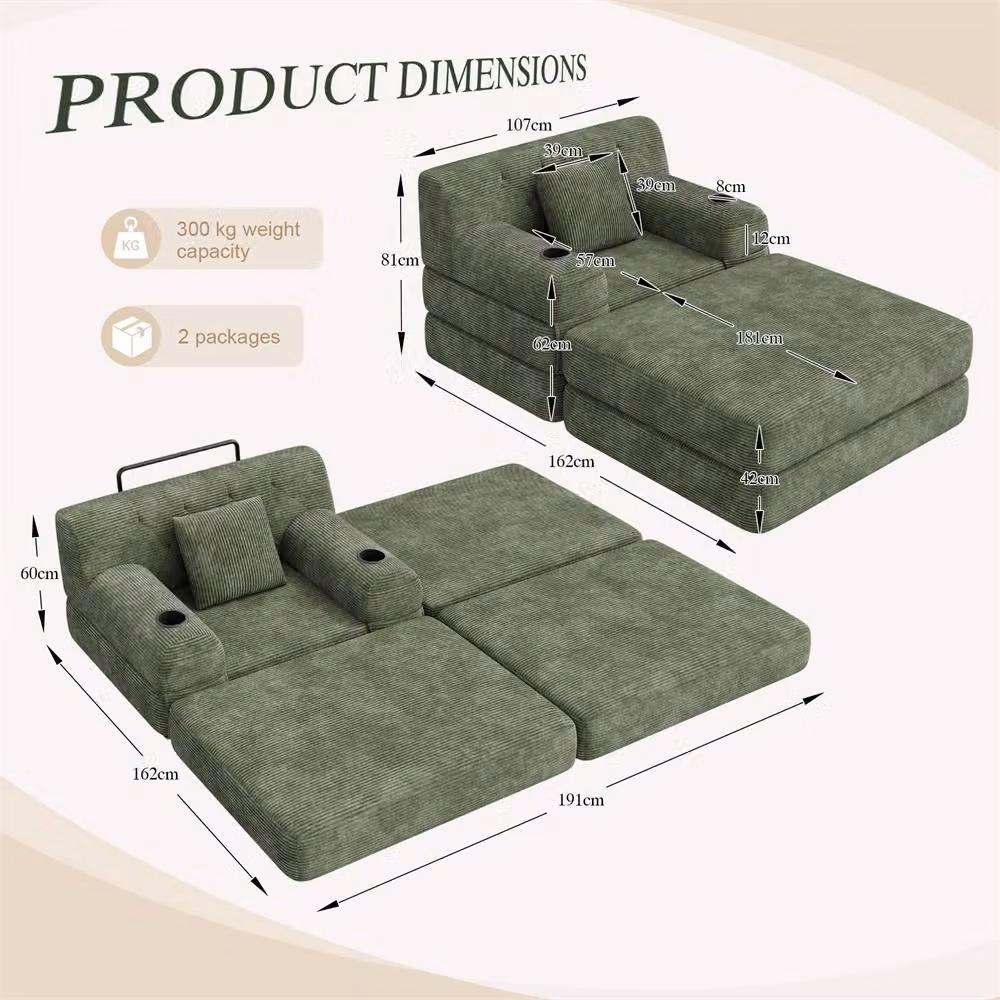 Direct Wicker Green Cord Convertible Sleeper Chair with Ottoman, Cup Holders and Side Pocket – 4