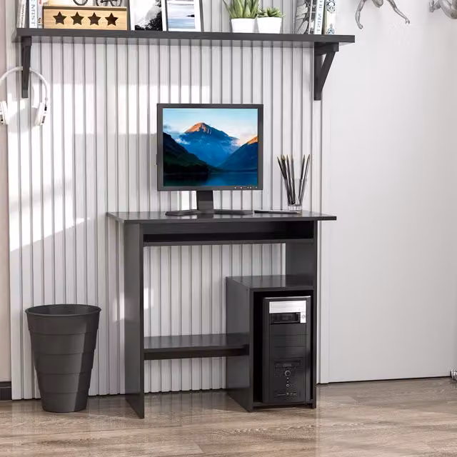 HOMCOM Compact Wooden Computer Desk with Keyboard Tray in Black – 1