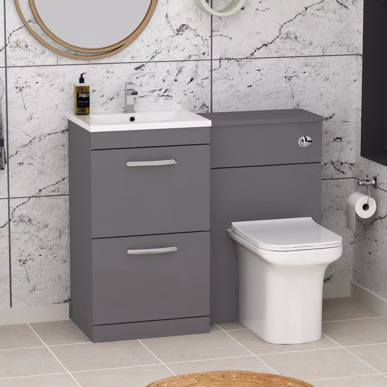 Royal Bathrooms Turin Minimalist 2-Drawer Indigo Grey Gloss Basin and Crosby Back to Wall Toilet Pack, Width: 100 cm