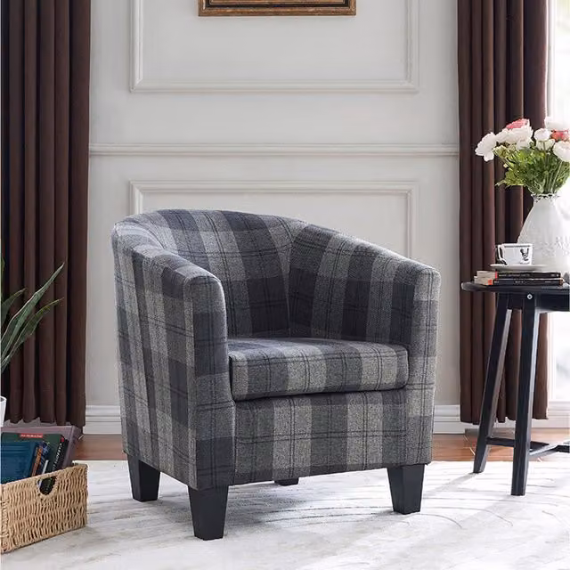 Audrey Grey Tartan Accent Bucket Tub Chair with Wood Effect Legs