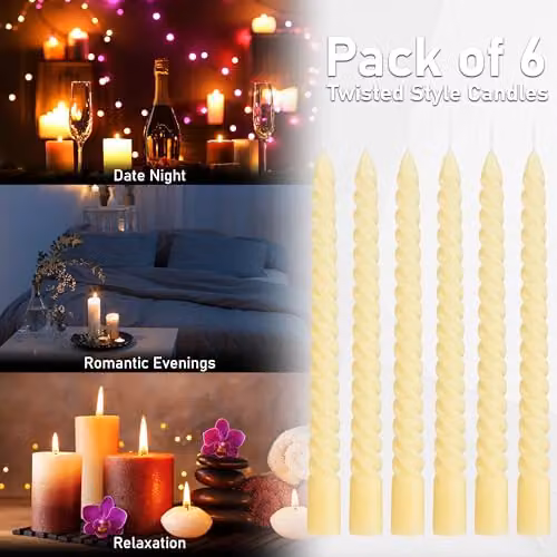 Deco Express Non-Drip Twisted Unscented Dinner Candles, Beige, Pack of 6 – 6