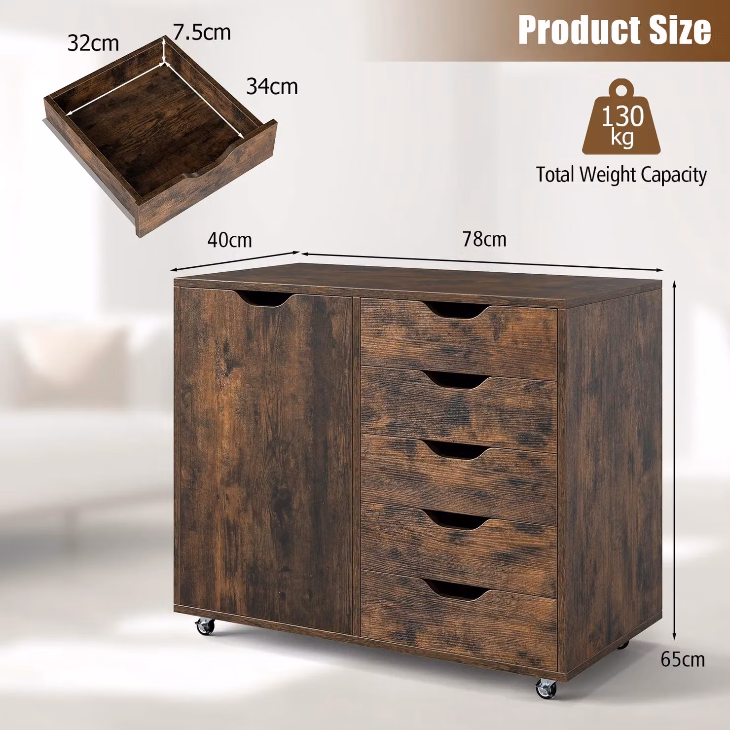 Gymax 5-Drawer Mobile Chest of Drawers with Adjustable Shelf and Lock, Brown – 2