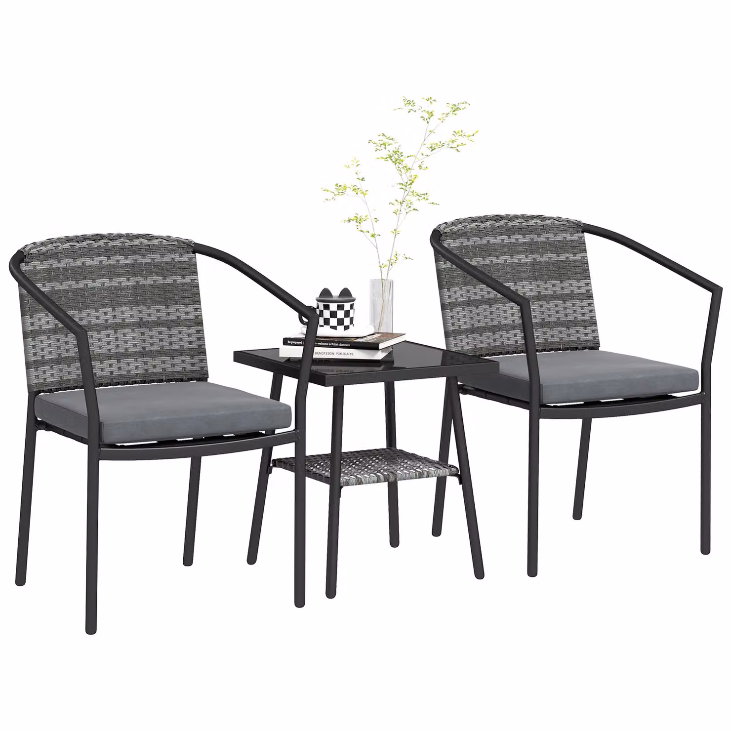 OUTSUNNY 3 Piece Rattan Bistro Set with Cushions and Glass Top Coffee Table in Grey – 2