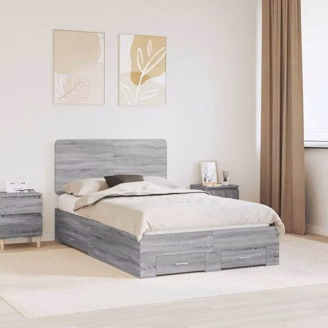 Berkfield Home Modern Bed Frame with Drawers in Grey Sonoma, Engineered Wood, W: 135 cm x L: 190 cm