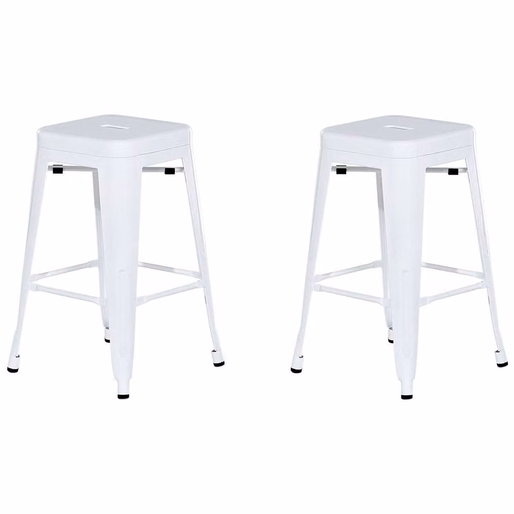 Wyld and Coco Set of 2 White Lacquered Metal Stackable Industrial Bar Stools, Height: 60 cm – 2