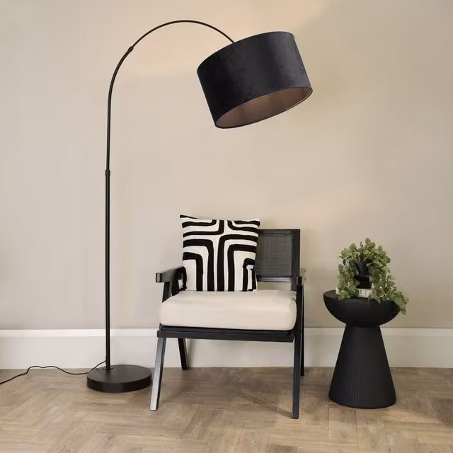 ValueLights Louis Black Arched Curved Floor Lamp with Velvet Drum Shade and LED Bulb