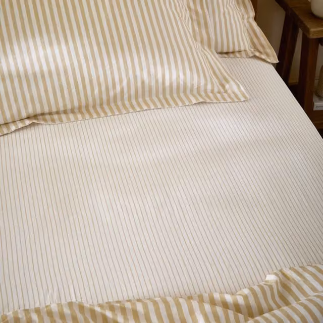 Yard Hebden Cotton Narrow Stripe Fitted Sheet, Honey Yellow, W/D/H: 90 x 190 cm