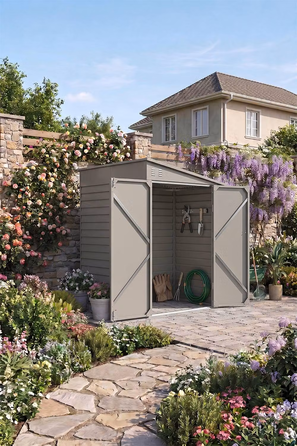 Living and Home Modern Steel Outdoor Storage Shed in Light Grey, W/D/H: 270.0 x 201.6 x 133.7 cm – 2