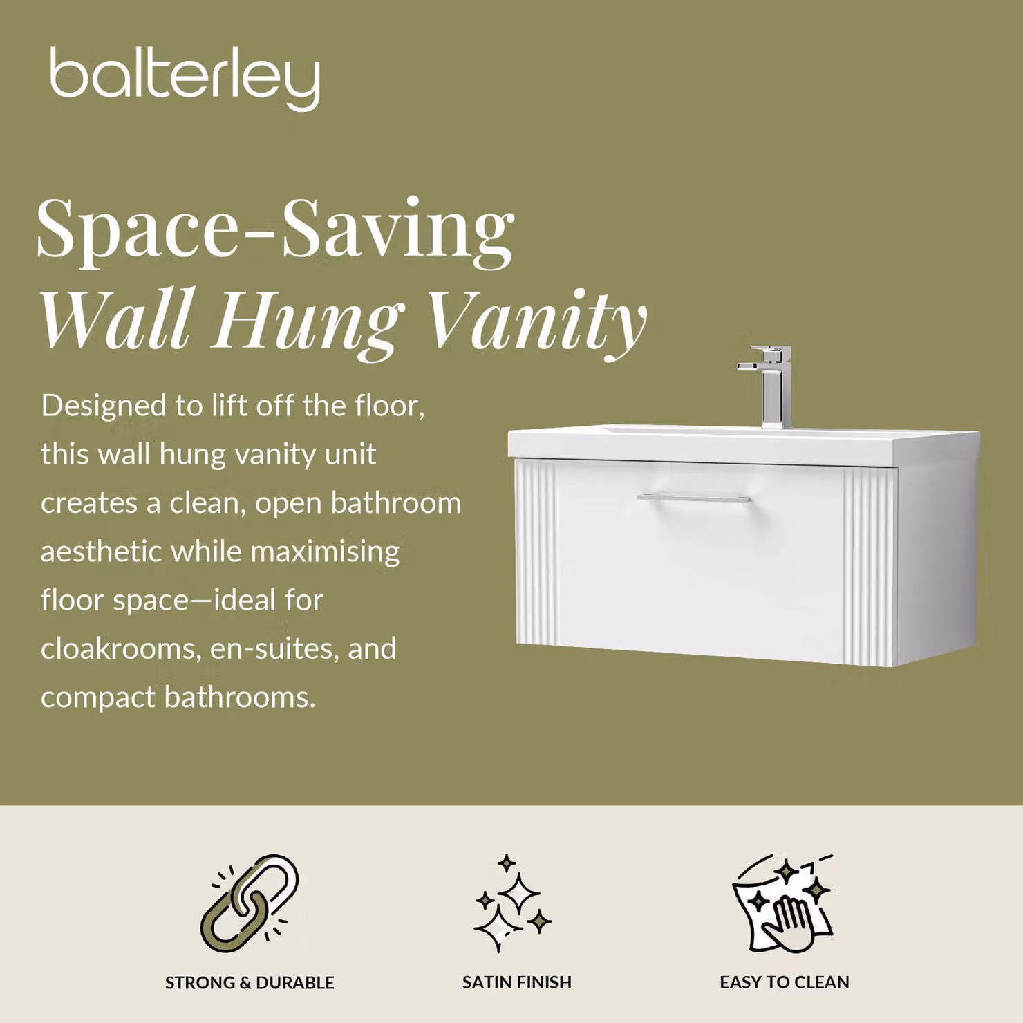 Balterley Wall Hung 1 Drawer Vanity Unit with Mid-Edge Basin, Satin White, Width: 80 cm – 2
