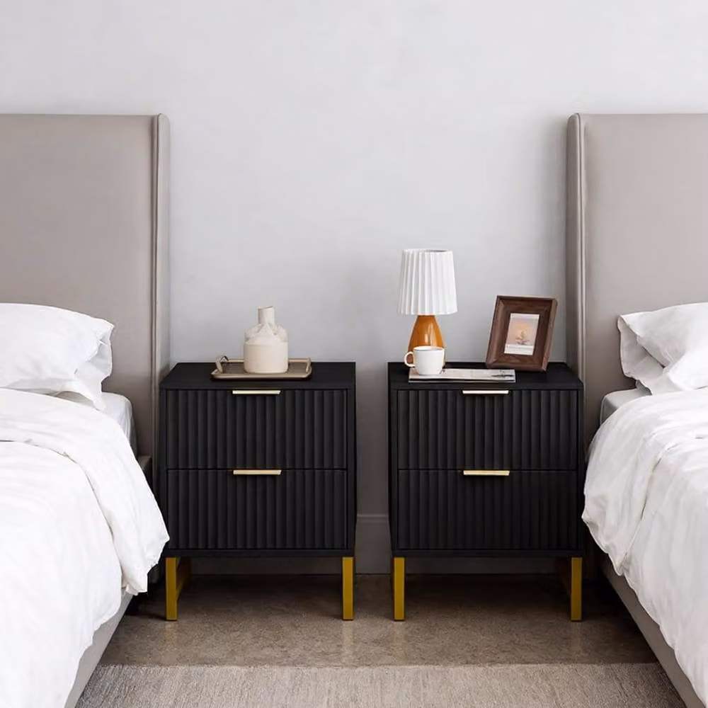 FURNITURE ONE Set of 2 Black and Gold 2 Drawer Bedside Tables with Modern Geometric Design – 3