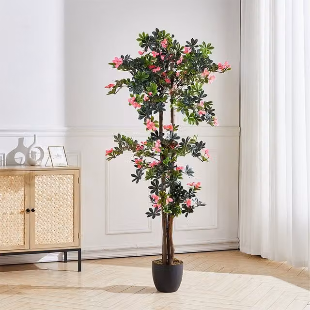 Livingandhome Pink and Green Artificial Tabletop Bougainvillea Tree in a Plastic Pot