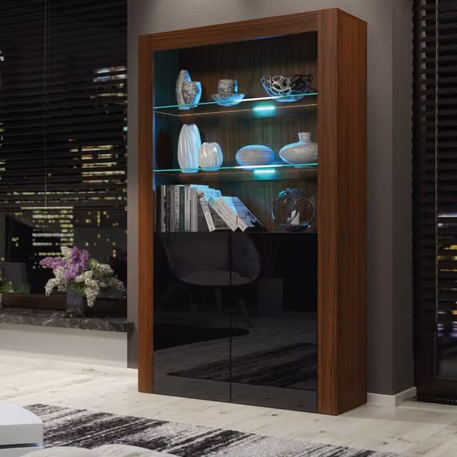 Creative Furniture Spectrum Modern Display Cabinet in Walnut and Black with Glass Doors and Integrated Lighting, H: 170 cm, W: 100 cm, D: 35 cm