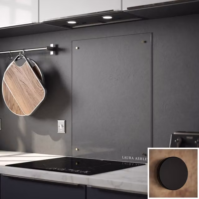 Laura Ashley Clear Glass Kitchen Splashback with Matt Black Caps, Width: 60 cm