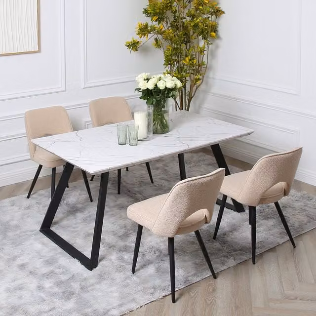 Home Garden Direct Venice Dining Set with Rectangular Marble-Effect Table and 4 Beige Chairs