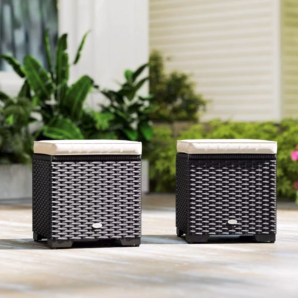 EONLION Set of 2 Black Rattan Footstool Ottomans – 5