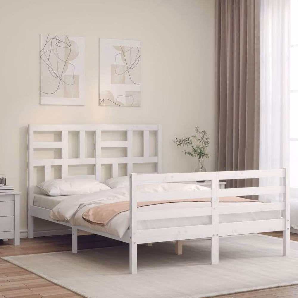 Berkfield Home Solid Wood Bed Frame with Headboard in White, 140 x 200 cm – 2