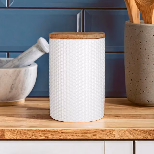 Premier Housewares Geometric White Ceramic Airtight Canister with Bamboo Lid, 750 ml – 1