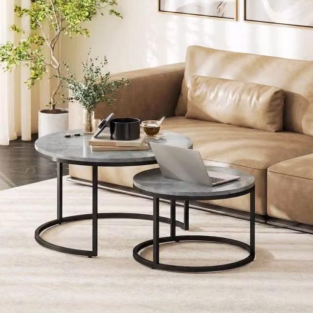 SPETLEK 2 Piece Stacking Coffee Table Set with Grey and Black MDF Tops and Steel Frame