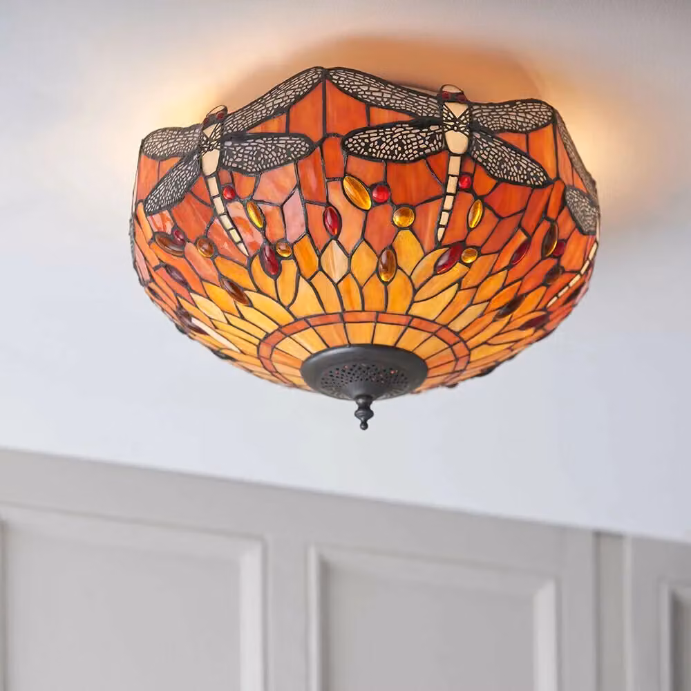 Loops Tiffany Glass Semi Flush Ceiling Light with Dragonfly Inverted Shade in Clear and Bronze – 4