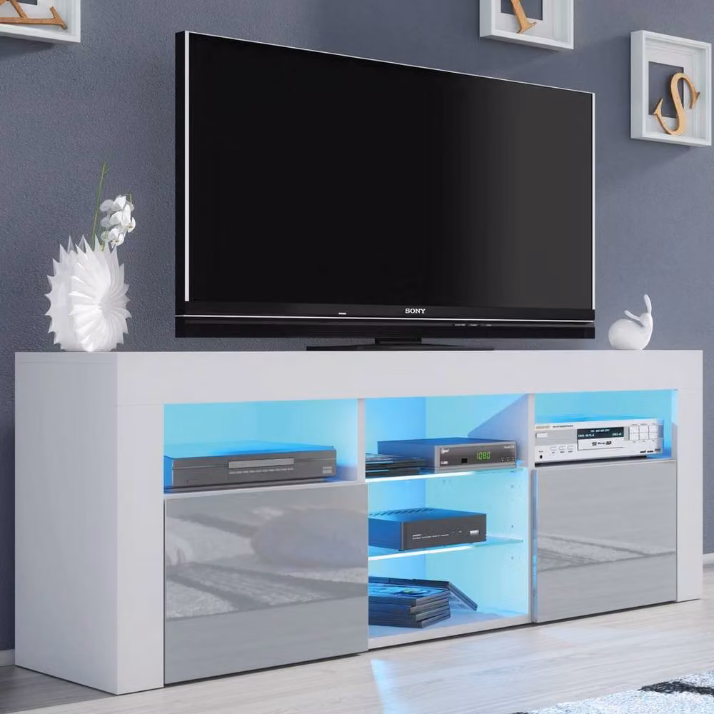 PAWNORA Modern TV Unit with White Matt Body and Grey High Gloss Fronts – 3