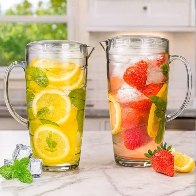 Volila Pack of 2 Plastic Juice Jugs with Lid and Swirl Design, 2L, Clear