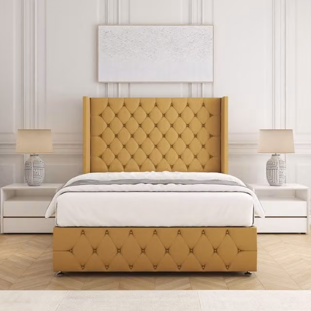 BSSPOKE Ruby Divan Bed Set with 54 inch Headboard and Mattress in Mustard Yellow Plush Velvet, Double W/D/H: 140 x 200 cm
