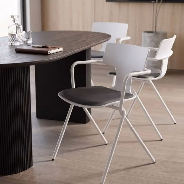 Wyld and Coco Set of 2 Modern Conference Chairs with White Shell, Black PU Cushion and Metal Legs