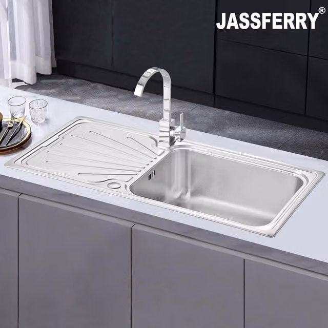 JASSFERRY Stainless Steel Inset Reversible Large Bowl Kitchen Sink with Drainer in Silver – 1