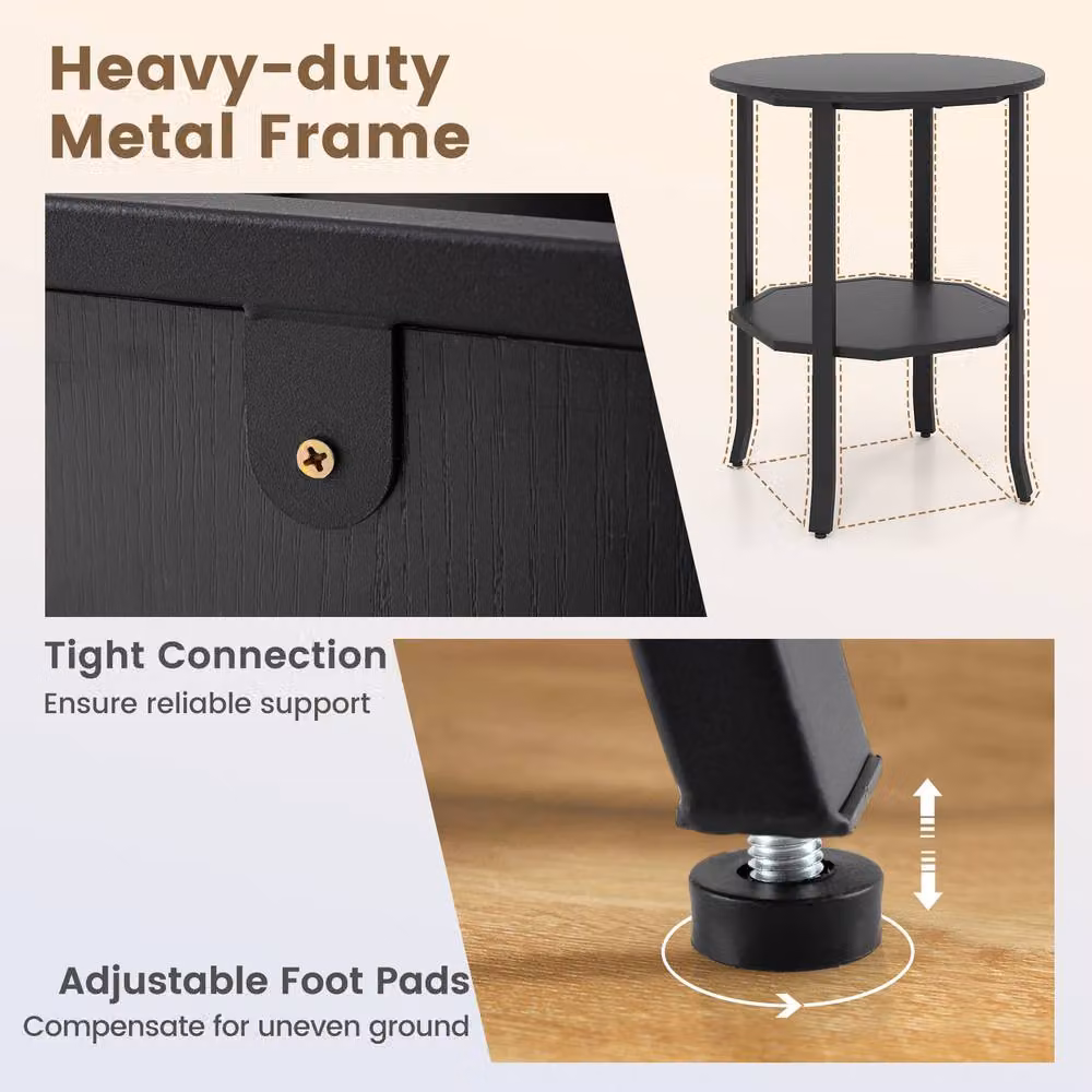 Costway 2-Tier Round Wooden Side Table with Storage Shelf in Black – 4