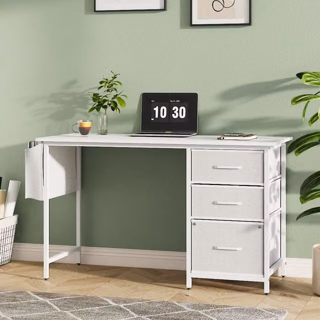 Livingandhome Modern White Computer Desk with Single Pedestal and Side Storage Pocket