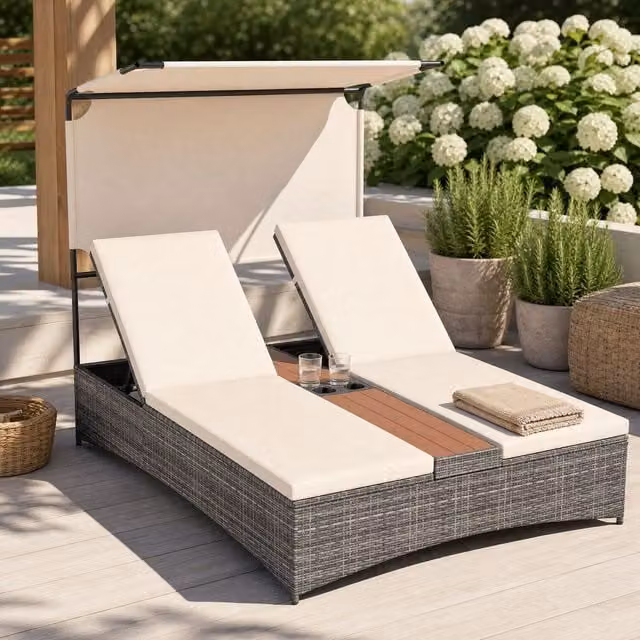Costway 2 Person Polyrattan Sun Lounger with Sun Canopy, Adjustable Headrest and Cup Holders in Grey and White