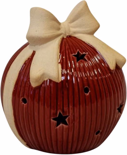 Four Candle Red Ceramic LED Christmas Bauble with Bow and Timer