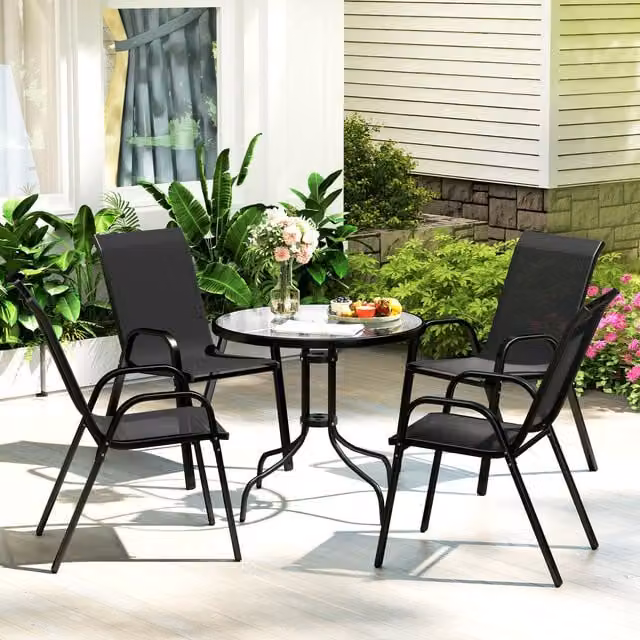Outsunny Modern Garden Furniture Set with Round Glass Table and Stackable Black Chairs
