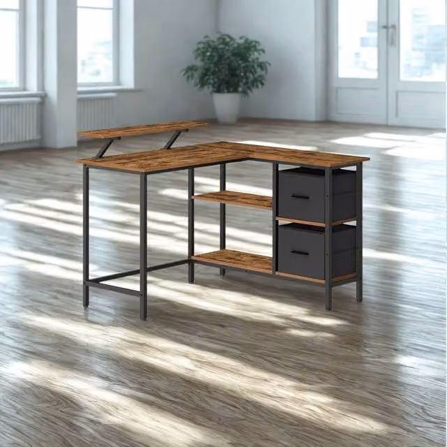 Pirlo Plush Industrial Rustic L-Shaped Corner Computer Desk with Drawers, Brown – 1