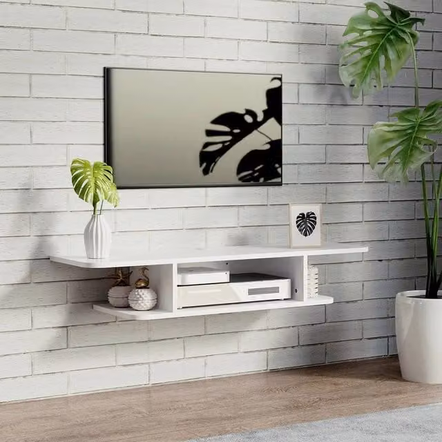 EONLION Modern White Wall Mounted Floating TV Unit Stand with Media Compartments and Grommet, Width: 100 cm