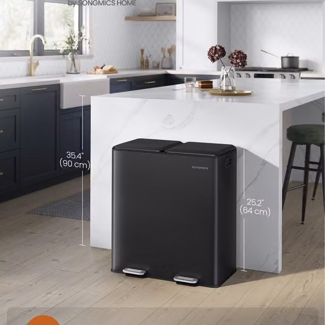 SONGMICS Double Pedal Kitchen Bin with Odour Filter and Removable Inner Buckets, Black, 2 x 8 Gallon