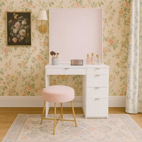 Birlea Ava 5 Drawer Dressing Table and Mirror in Black and White, W/D/H: 136.5 x 44.5 x 97.19 cm