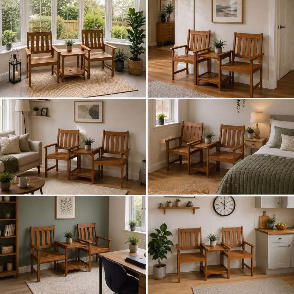 Samuel Alexander Rydal 2 Seater Wooden Indoor Love Seat with Central Table in Brown, W/D/H: 154 x 60 x 97 cm – 2