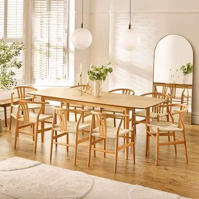 FurnitureboxUK Leif Oak Effect Wood Extending Rectangular Dining Table and 8 Caia Wishbone Dining Chairs in Brown and Black