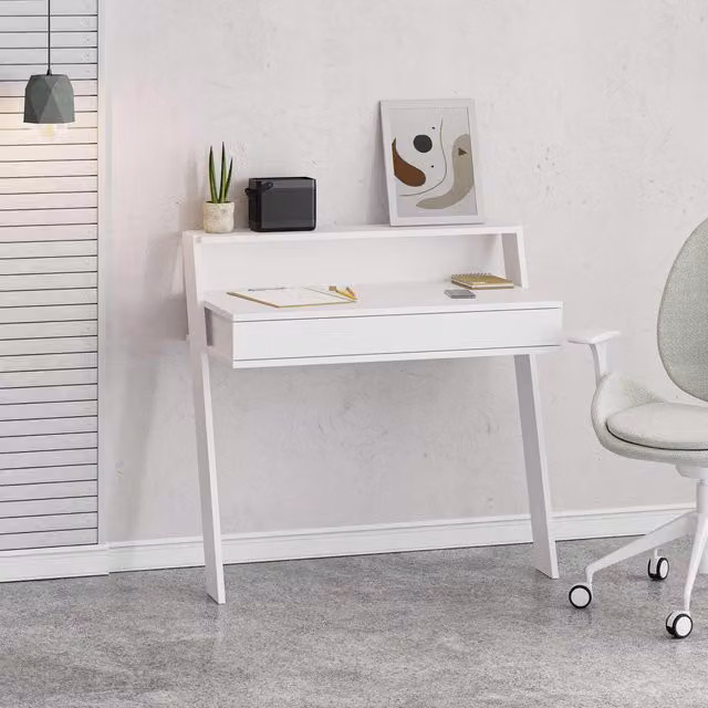 FWStyle Modern Wall Mounted Home Office Writing Desk with 1 Drawer and 1 Shelf in Matt White
