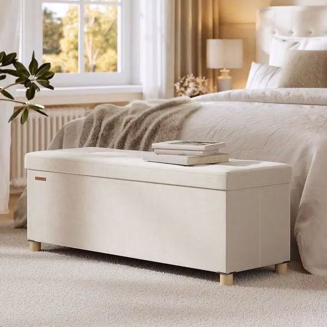 The Bazaarist Velvet Storage Bench with Hidden Compartment in Beige