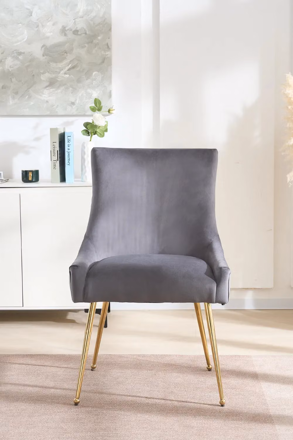 Life Interiors Viviana Velvet Dining Chair with Gold Legs and Ring Handle in Grey – 2