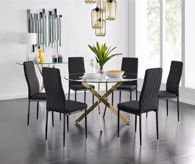 FurnitureboxUK Novara Gold Round Glass Dining Table with Six Milan Black Faux Leather Chairs, Diameter: 120 cm