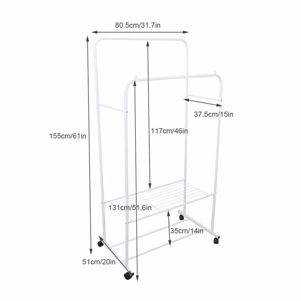 PAWNORA Double Rods Clothes Hanging Rack, White, H 155.0 cm x W 80.5 cm – 2