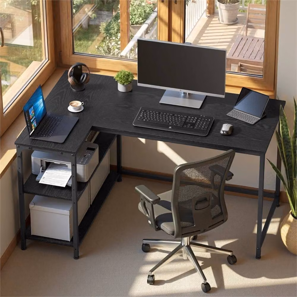 Nordara L Shaped Corner Gaming Desk with Storage in Ebony Black, W/D: 100 x 100 cm – 4