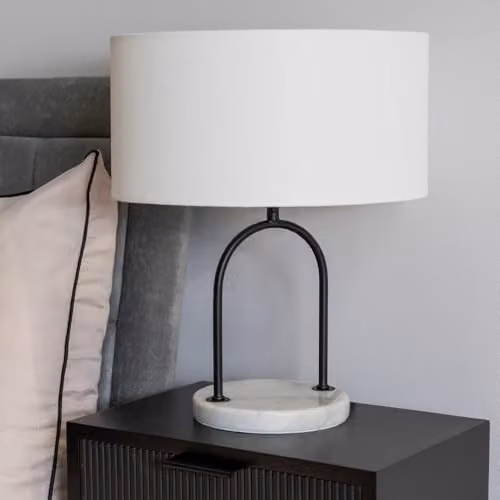 ValueLights Rachel Black Arch Marble Base Table Lamp with White Linen Shade and LED Bulb – 2