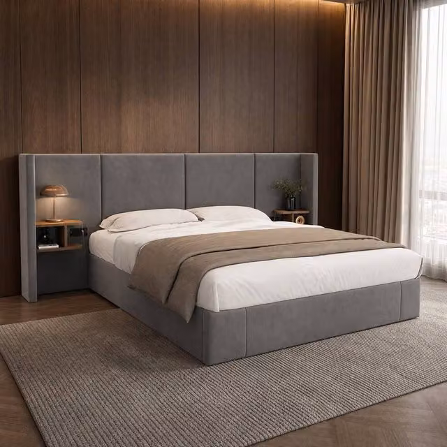 STILVORA Super King Ottoman Bed Frame with 2 Bedside Tables and USB Charging Ports in Grey Fabric