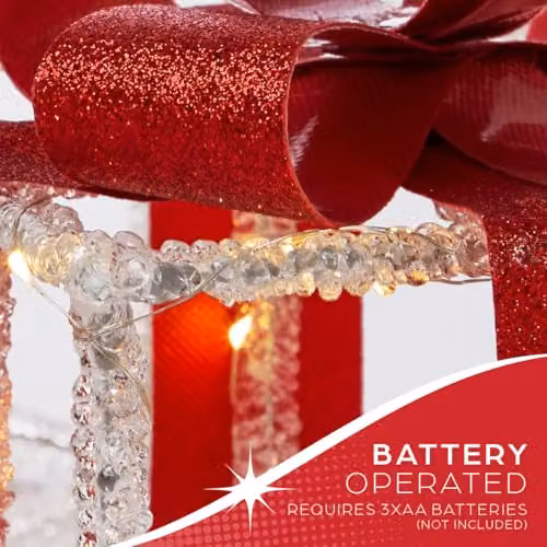 The Christmas Workshop Light-Up Gift Boxes, Set of 3, White and Red with Warm White LED Lights and Timer Function, Battery Powered, W/D/H: 22.0 x 20.0 x 20.0 cm – 6